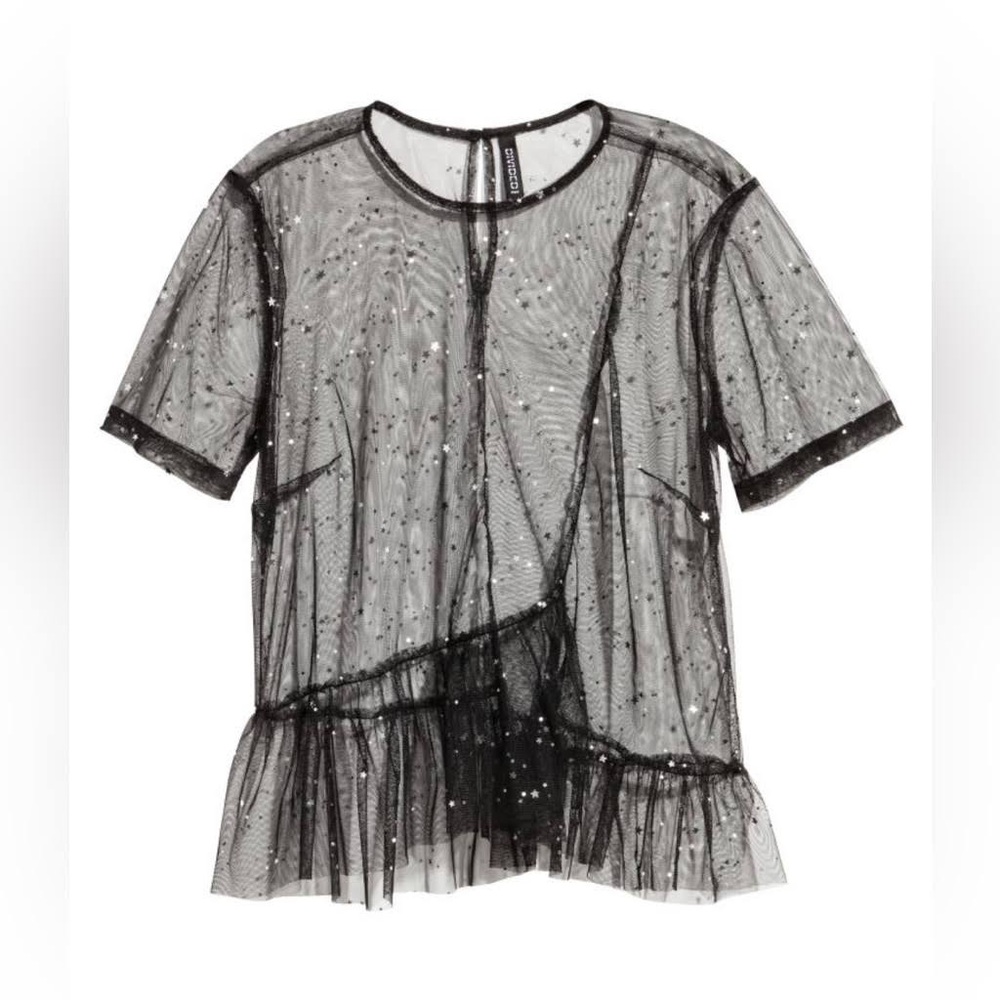 Black Sheer Star-Sequined Top